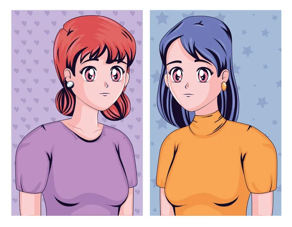 Zwei Anime Mädchen Avatare Charaktere — Stockvektor