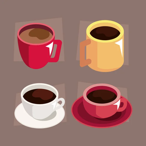 Cuatro Tazas Café Utensilios Isométricos — Vector de stock