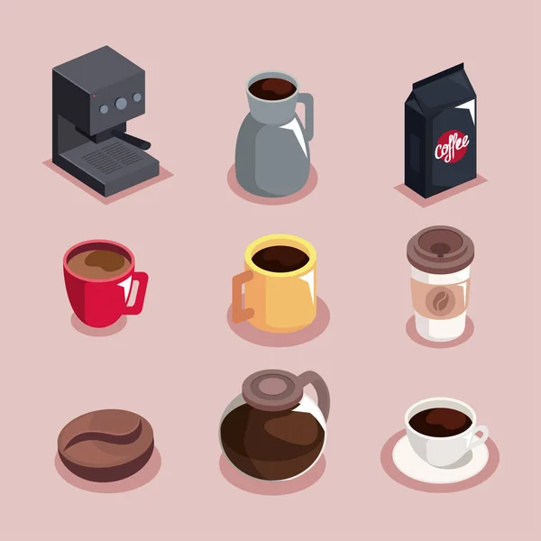 Nine Coffee Drink Set Icons — Stock Vector
