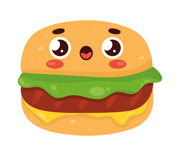 Hamburger Kawaii Voedsel Komisch Karakter — Stockvector