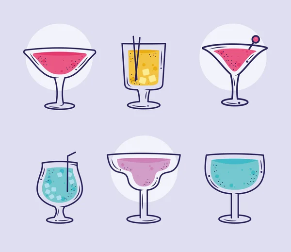 Zes Cocktails Drankjes Set Pictogrammen — Stockvector