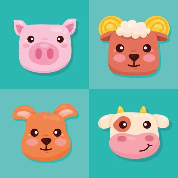 Quatro Animais Fazenda Cabeças Caracteres — Vetor de Stock