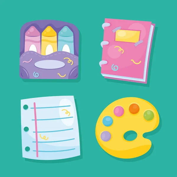 Four School Supplies Set Icons — Stock Vector