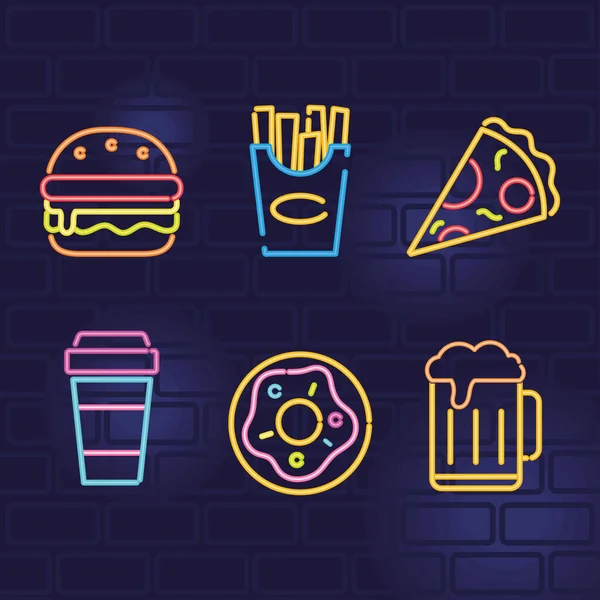 Six Neon Lights Fast Food Icons — Stock Vector