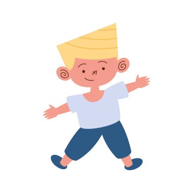 Küçük, sarışın, mutlu bir çocuk.