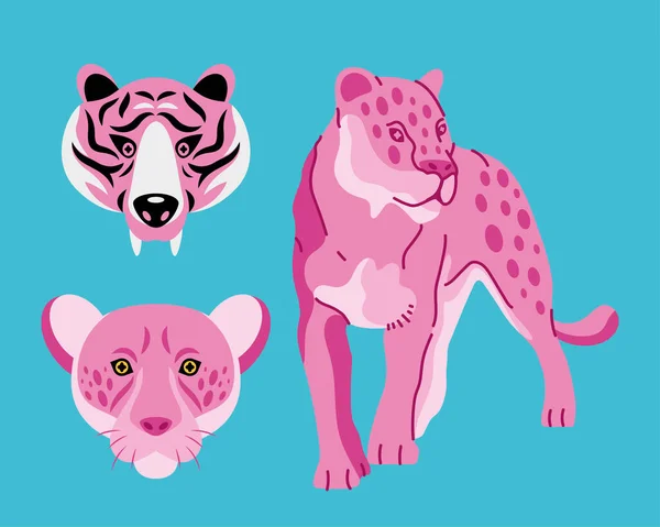 Pink Wild Felines Animals Icons — Stock Vector