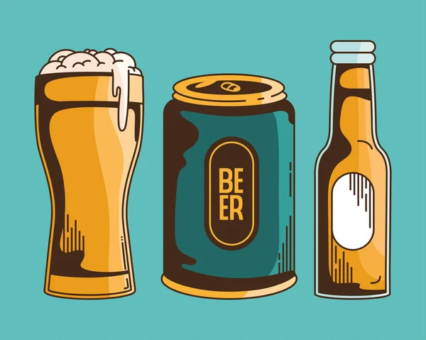 Três Ícones Conjunto Cerveja Bebida —  Vetores de Stock