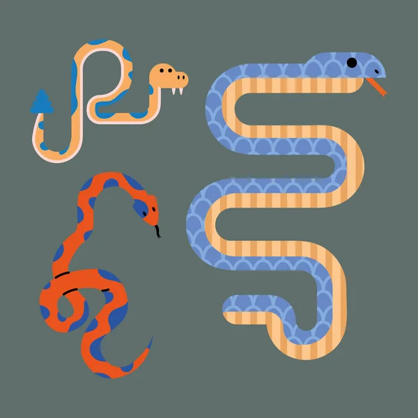 Tres Animales Serpientes Establecen Iconos — Vector de stock