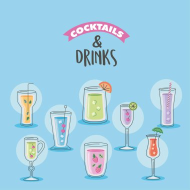 Kokteyller ve içkiler. Yazılı posterler.