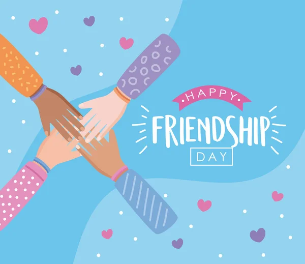 Glückliche Freundschaft Tag Schriftzug Karte Mit Händen — Stockvektor