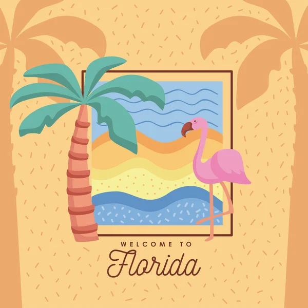 Florida Sunshine State Schriftzug Karte Mit Flamingo — Stockvektor