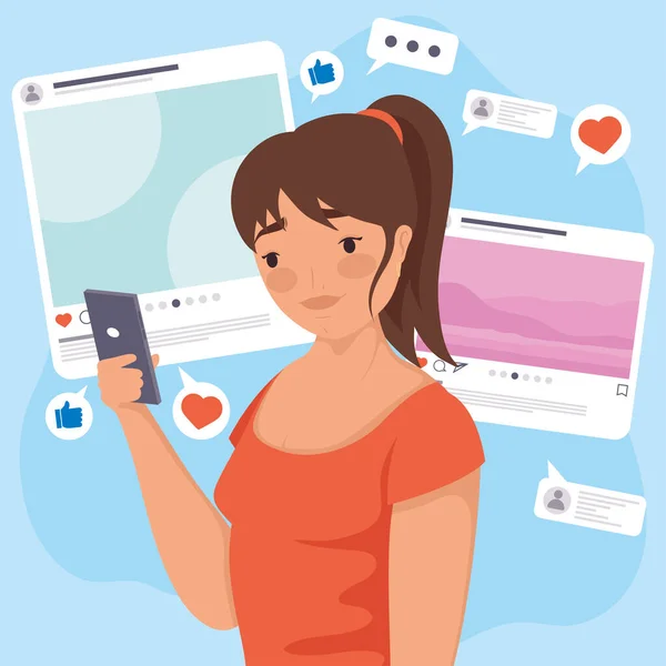 Donna Con Tecnologia Social Media — Vettoriale Stock