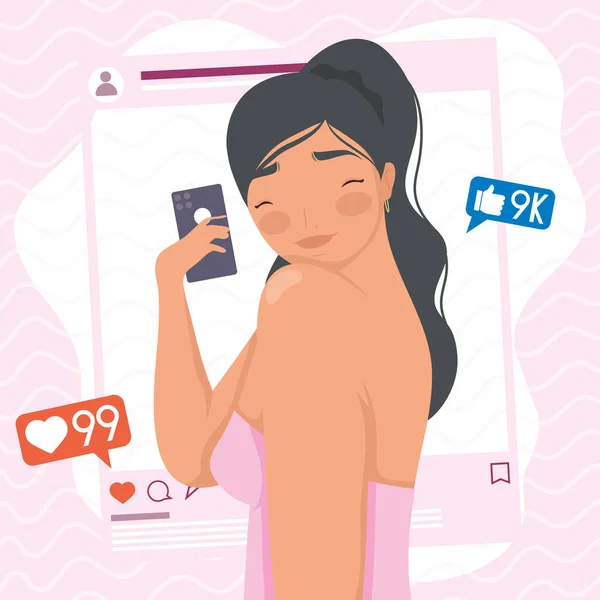 Vrouw Het Nemen Van Een Selfie Socila Media Tech — Stockvector