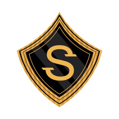 Harf amblemli altın bir kalkan.