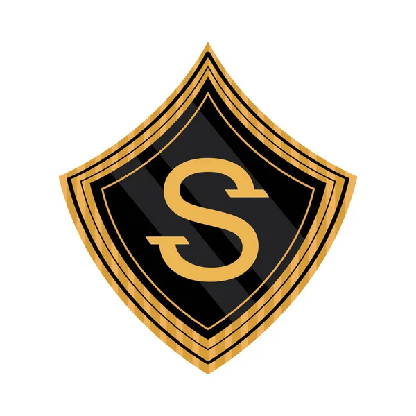 Harf amblemli altın bir kalkan.