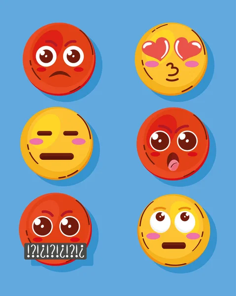 Seis Emojis Caras Establecer Iconos — Vector de stock