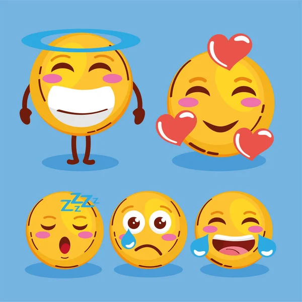Cinco Emojis Caras Establecer Iconos — Vector de stock