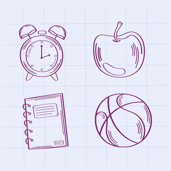 Four School Supplies Doodle Set Icons — Stock Vector
