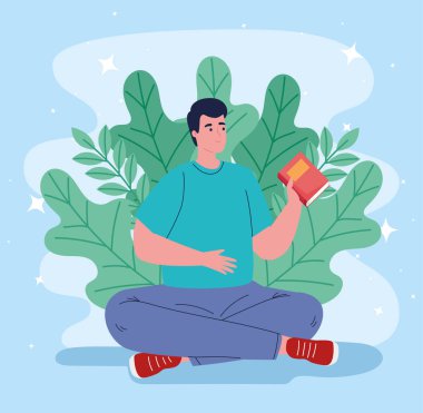 Oturmuş, yapraklı bir karakterle kitap okuyor.