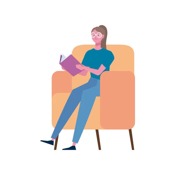 Woman Reading Book Sofa Character — Stock Vector