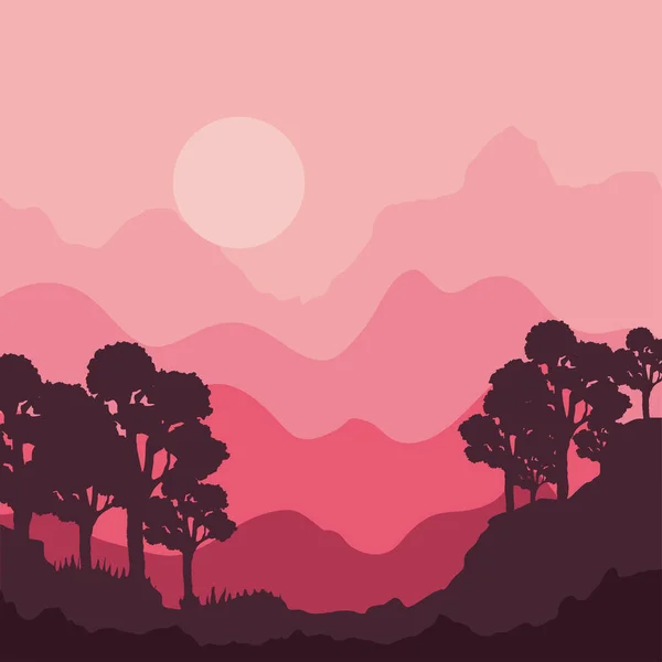 Bäume Und Landschaft Bei Sonnenuntergang — Stockvektor