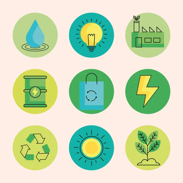 Nueve Iconos Energía Ecológica — Archivo Imágenes Vectoriales