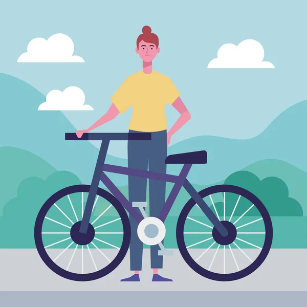 Mujer Con Escena Personaje Bicicleta — Vector de stock