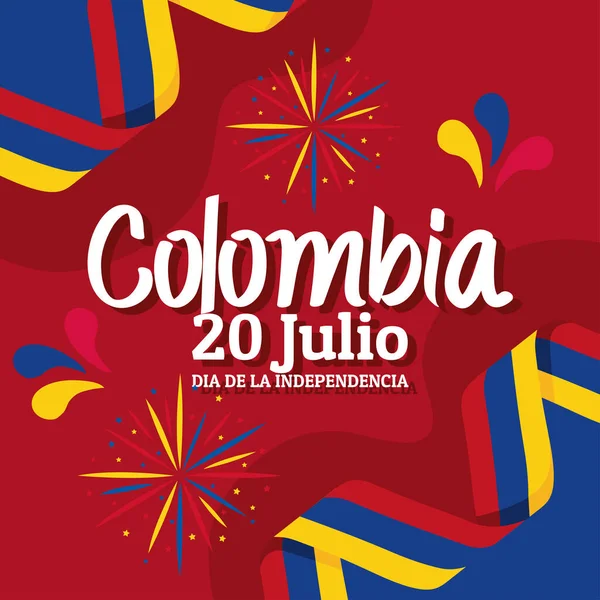 Colombia Onafhankelijkheid Belettering Briefkaart Met Vlaggen — Stockvector