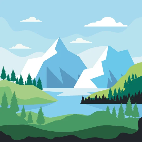 Río Montañas Paisaje Escena — Vector de stock