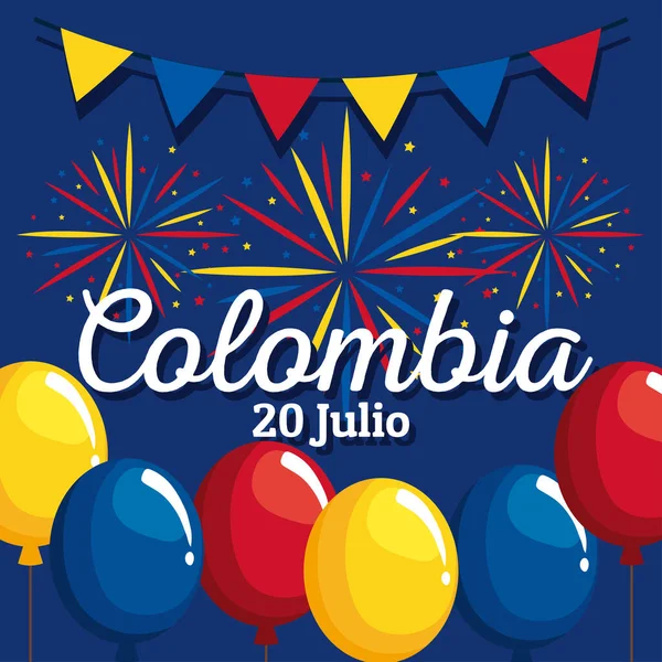 Kolombiya Bağımsızlık Günü Kartı Havai Fişekler — Stok Vektör