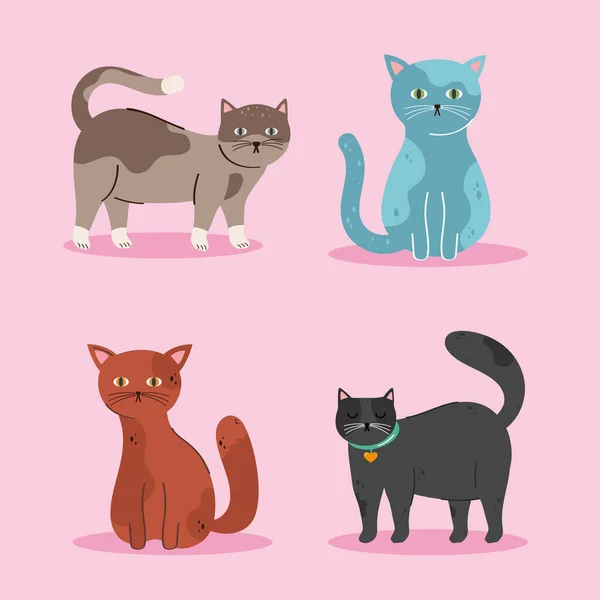 Vier Süße Katzen Haustiere Gruppe — Stockvektor