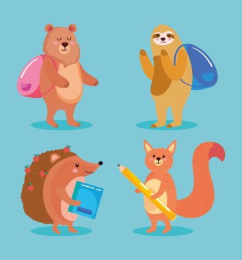 Dört hayvan öğrencisi malzeme getirmiş.