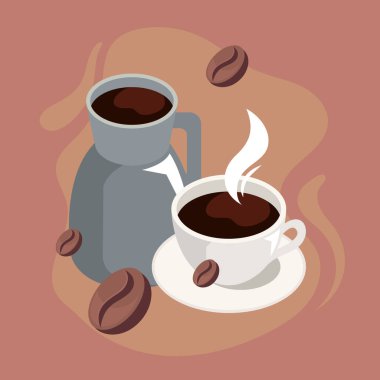 Kahve izometrik çaydanlık ve fincan simgeleri