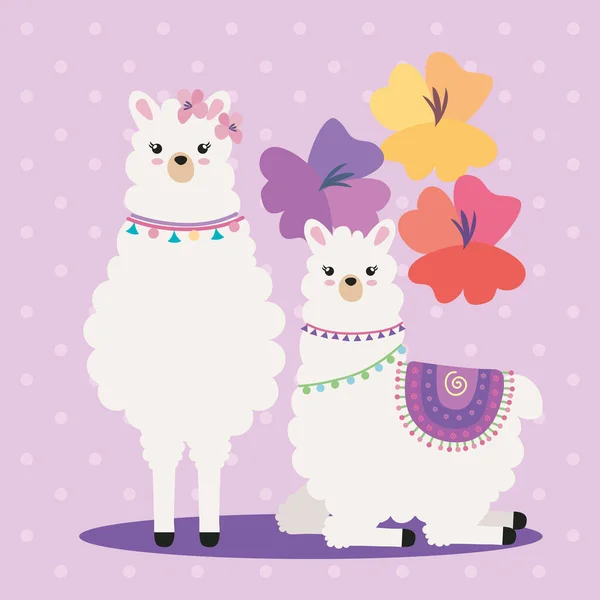 Two Llamas Flowers Characters — Stock Vector
