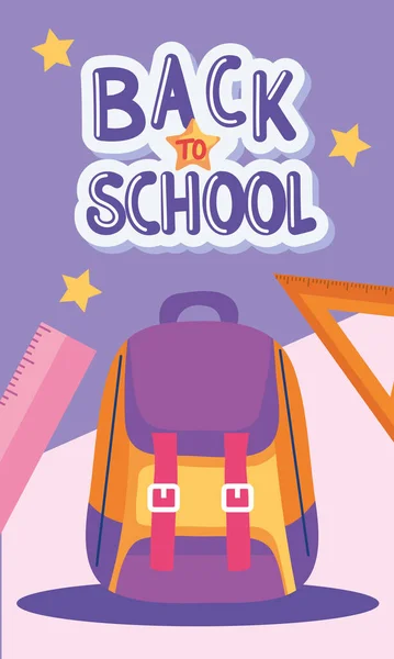 Back School Lettering Puple Schoolbag Poster — Vettoriale Stock