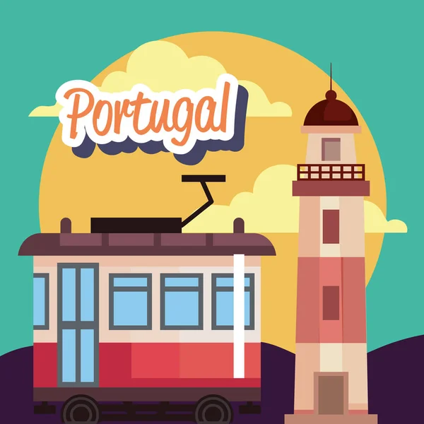 Portugal Lettering Tram Lighthouse Card — Stock Vector