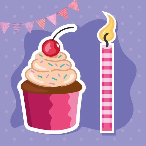 Geburtstagskerze Mit Cupcake Und Girlanden — Stockvektor