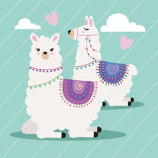 Dos Llamas Con Personajes Corazones — Vector de stock