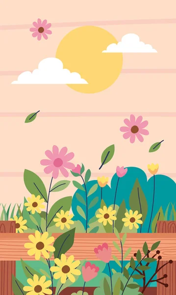Flores Jardinagem Cesta Com Cena Sol —  Vetores de Stock