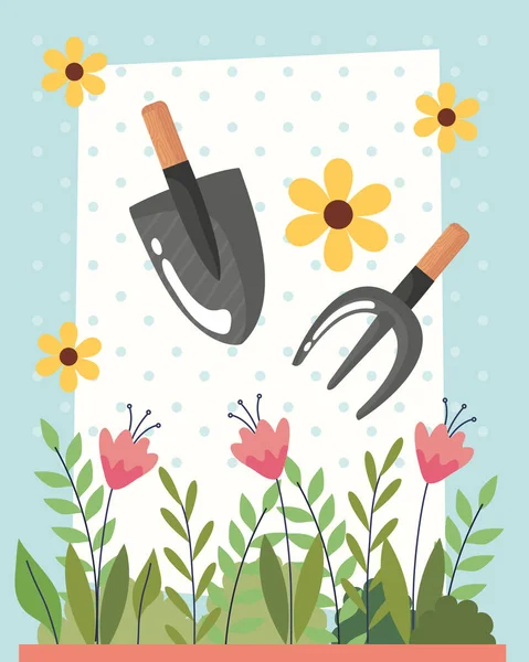 Gardening Shovel Rake Flowers Scene —  Vetores de Stock