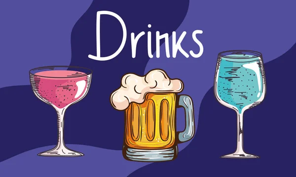 Drinks Lettering Cups Beer Poster — Vector de stock