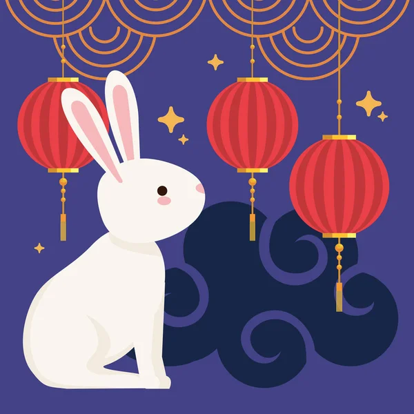 Chinesisches Mondfest Kaninchen Mit Roter Lampen Karte — Stockvektor