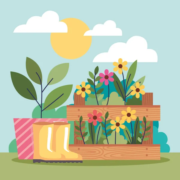 Gardening Flowers Basket Boots Scene — Stock Vector