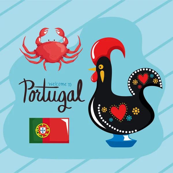 Bem Vindo Portugal Lettering Com Galo —  Vetores de Stock