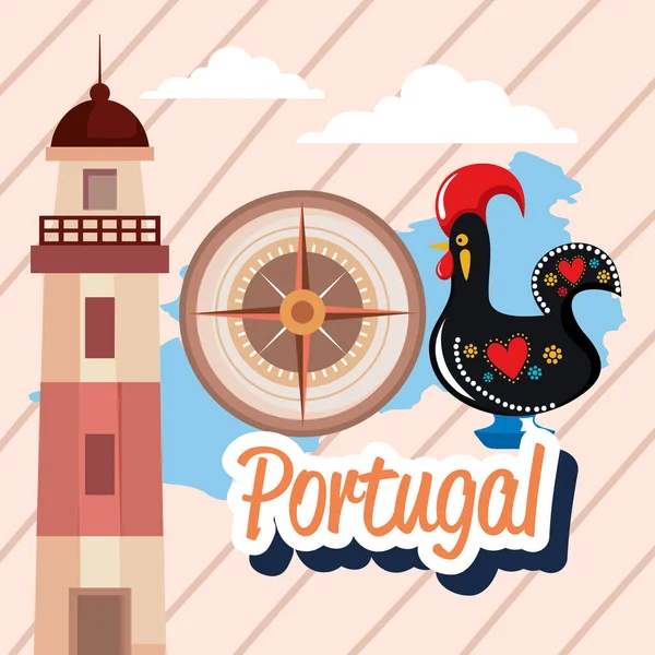 Portugal Lettering Rooster Card — Stock Vector
