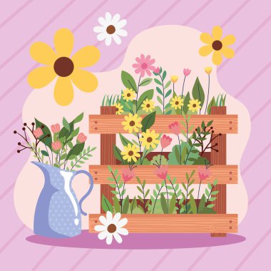 Bahçe çiçekleri sepette kavanoz sahnesiyle