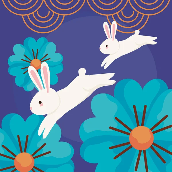 Chinesisches Mondfest Kaninchen Mit Blumen Karte — Stockvektor