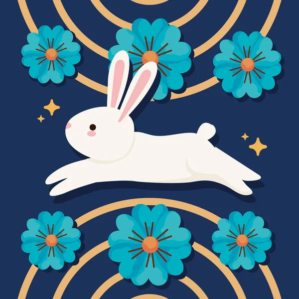 Chinese Moon Festival Rabbit Flowers Card — Stok Vektör