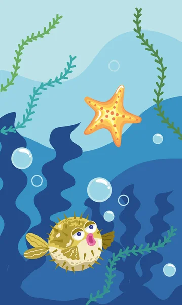 Blowfish Starfish Sealife Scene — Stock vektor