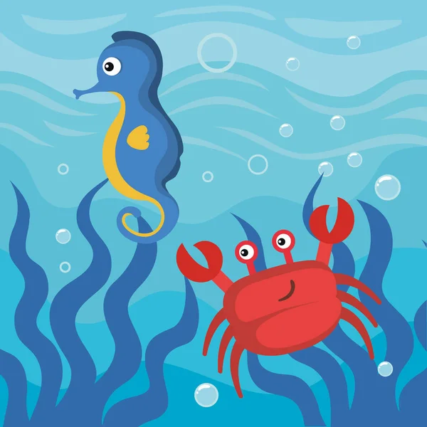 Crab Horsefish Sealife Scene — Stock Vector